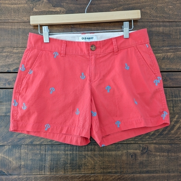 Old Navy Nautical Chino Shorts 2 Coral Blue Embroidered Coastal Anchors Short - Picture 10 of 10
